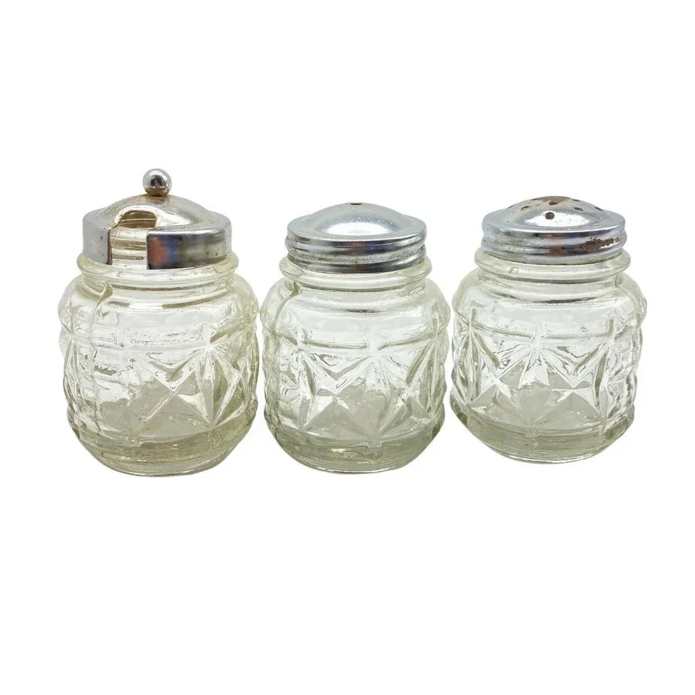 Vintage Glass Salt Pepper Mustard Condiment Set Wheelbarrow Caddy Metal‎ Holder